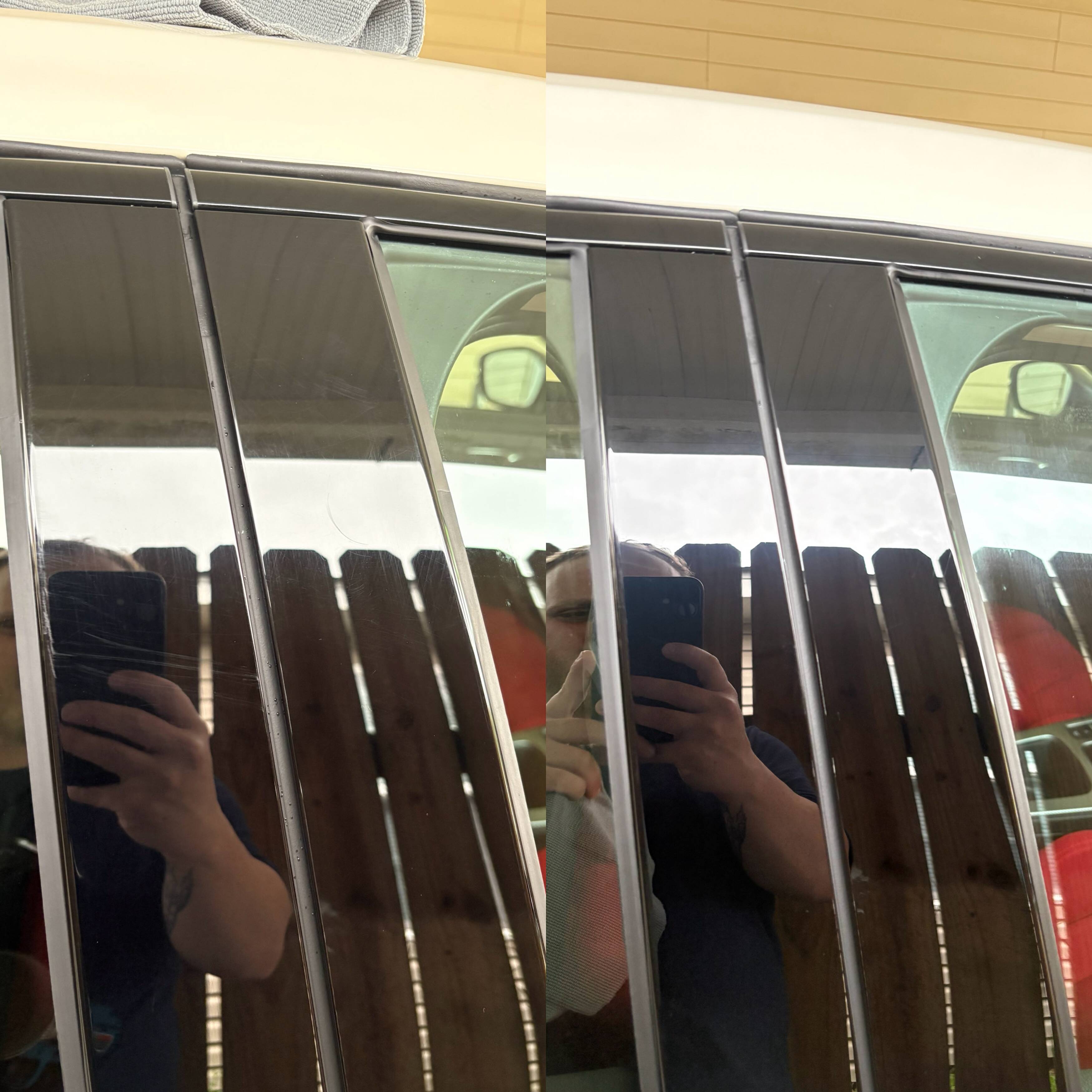 Polished window trim and B-pillars reflecting the surroundings after detailing by Bergeron's Detailing